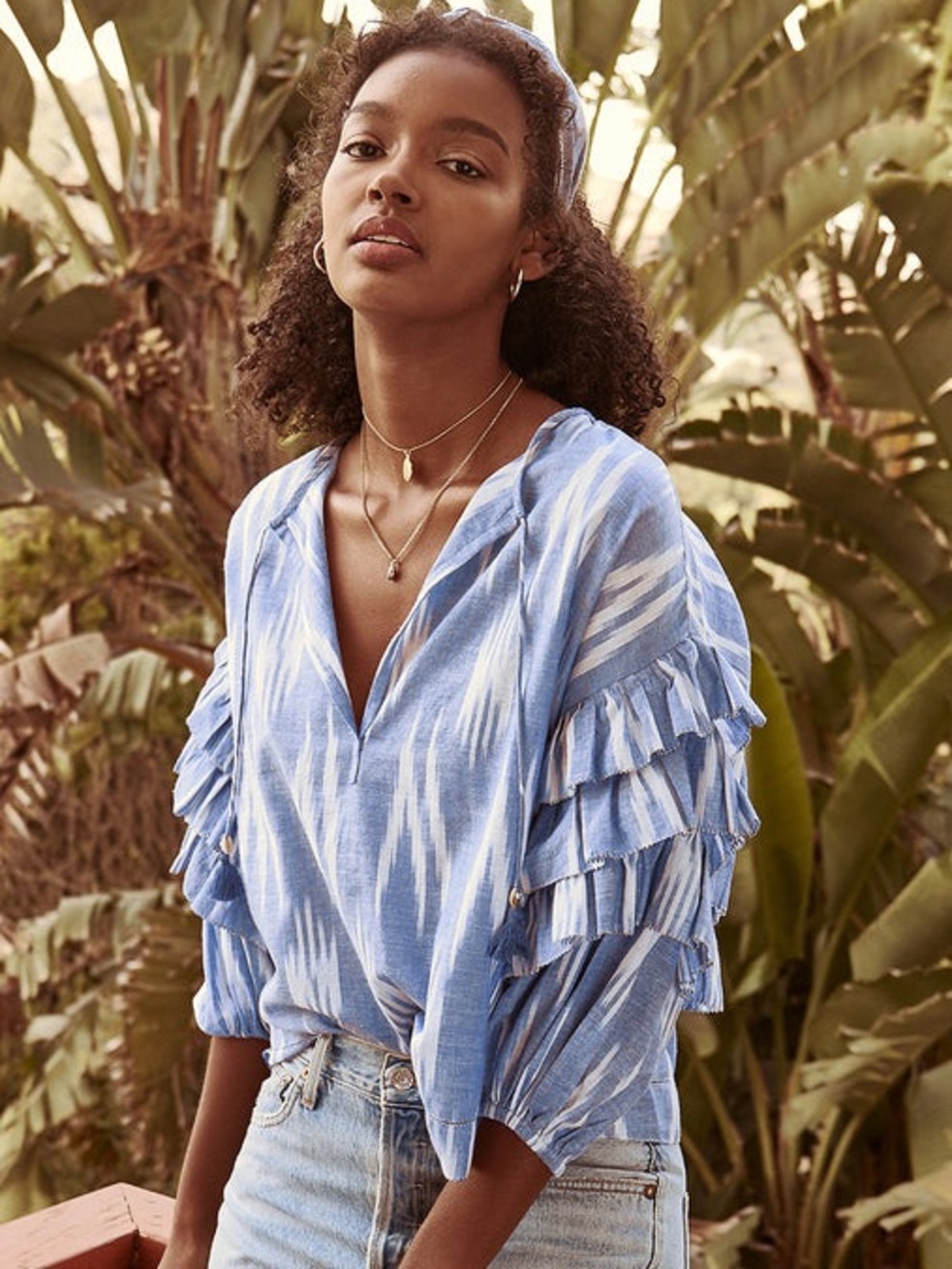 New! SAYLOR Sommer Blue Ikat Ruffle-Sleeve Peasant Boho Blouse 🩵 XS